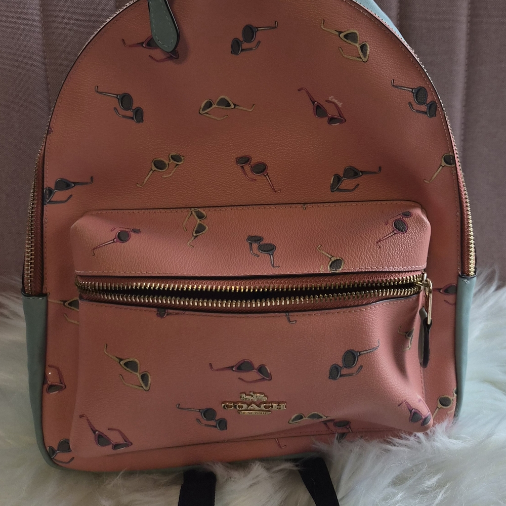 Coach Coral Pink Sunglasses Print Leather Backpack with Gold Hardware